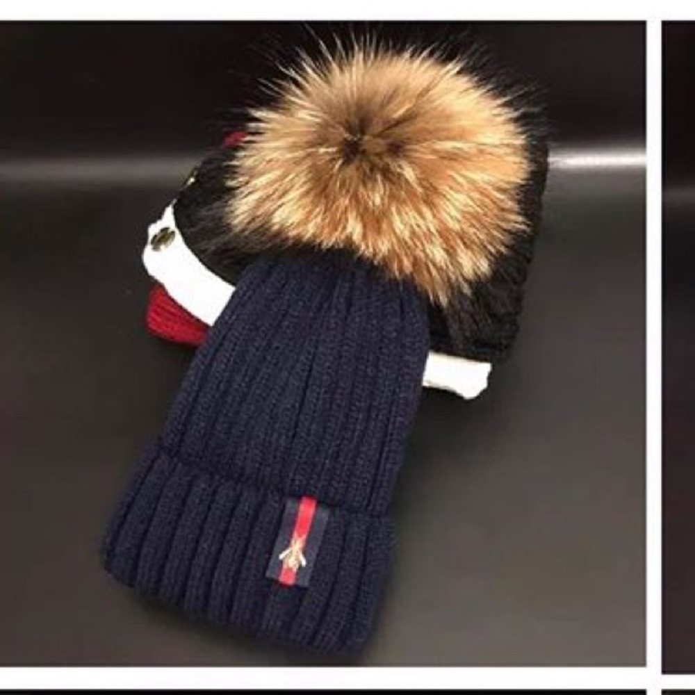 COPY - Navy winter hat with bee detail real fur Pom Pom